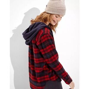 American Eagle Cozy Cabin Oversized Hooded Flannel Shirt Large